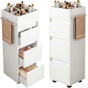 Fehér fürdőszoba szekrény, álló polcos kozmetikumok tárolására, modern loft stílusú, 90 cm