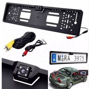 Rămă de plăcuță de înmatriculare cu cameră de marșarier, cabluri și exemplu de instalare în mașină - Camere Auto Marsarier