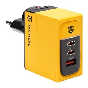 Widok pod kątem żółtej ładowarki Tactical Nett Warrior GaN 100W - Karta sieciowa