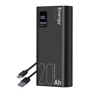 Baterie externă OBAL:ME EnergyPulse 20000mAh neagră cu cablu USB-C, afișând afișajul digital și capacitatea - Baterii externe