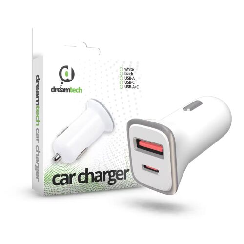 Dreamtech PD 18W Fehér Autós töltő Type-C és USB-A portokkal