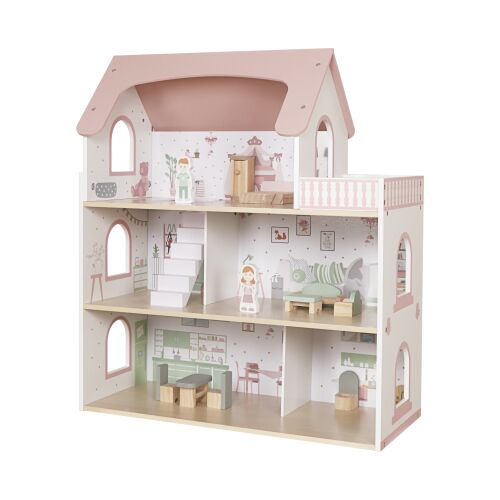 Pepita 3-piętrowy drewniany domek dla lalek z oświetleniem LED #różowy