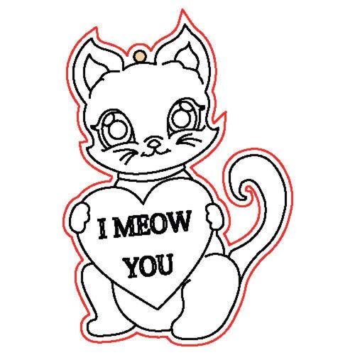 Fafigura cica fa kézműves forma szívvel, rajta 'I Meow You' - Díszíthető tárgy