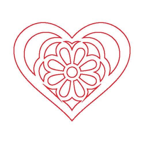 Fafigura szív alakú fa dekoráció virágmintával, piros körvonallal