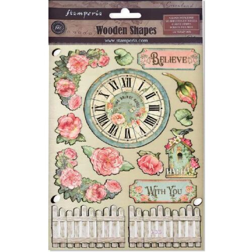 Stamperia House of Roses A5 faformák: óra, virágok, kerítés, madárház