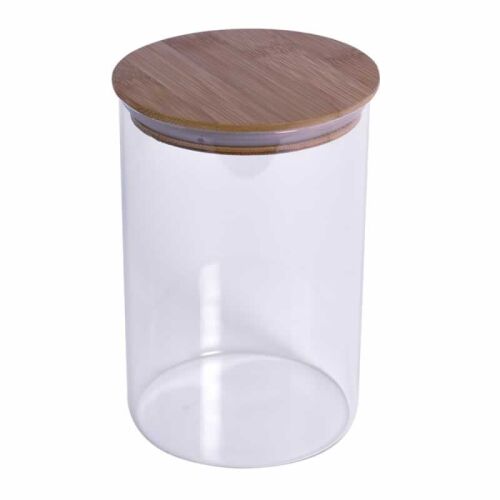 Üveg befőttesüveg fa fedővel, ideális konyhai tároláshoz