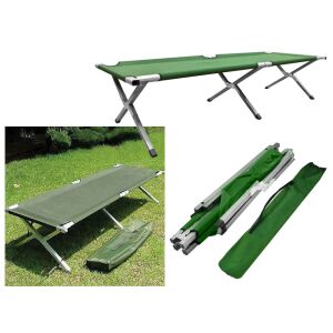 Kollázs az összecsukható kempingágyról, összehajtva és kihajtva hordtáskával - Kempingágy