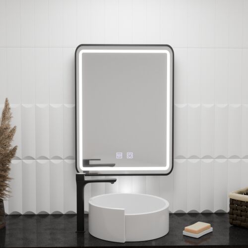 LUMINOUS rechteckiger LED-Spiegel 90x75cm mit Touchscreen und Antibeschlag, schwarzer Rahmen im Badezimmer
