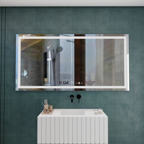 Verite MotionGlow Marcello LED-Spiegel 120x60cm mit Antibeschlagsystem, Uhr und Thermometer im Badezimmer