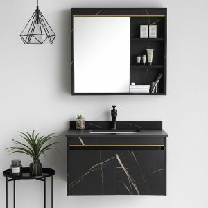 Modernes schwarzes Badezimmermöbel-Set mit Marmoroptik und Stauraum - Badezimmermöbel