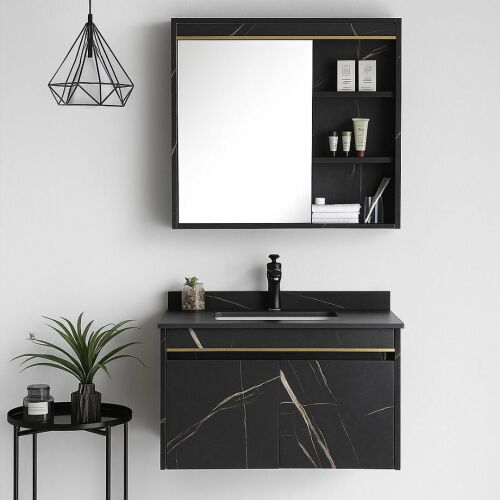 Modernes schwarzes Badezimmermöbel-Set mit Marmoroptik und Stauraum