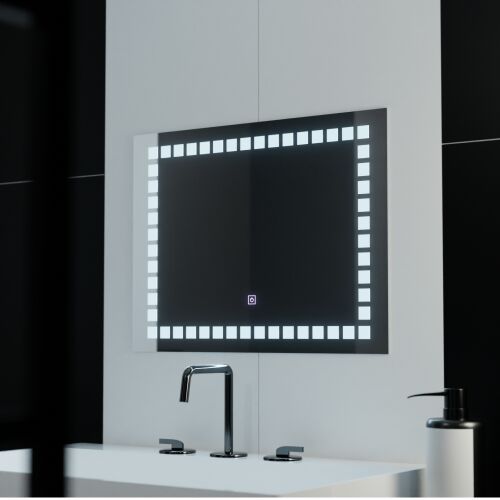 Téglalap alakú LED tükör 80x60cm rácsos világítással, Basic Touch modell fürdőszobai környezetben