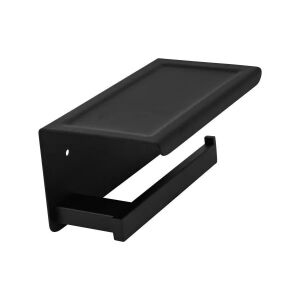 Ukośny widok czarnego uchwytu na rolkę papieru toaletowego z półką na telefon, GJ610 - Uchwyt i stojak na papier toaletowy