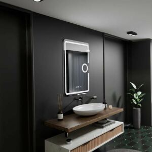 Lustro LED Eclat MotionGlow Marcello w łazience, prostokątne, 50x70cm, z systemem zapobiegającym parowaniu, zegarem, termometrem i lusterkiem powiększającym - Meble do holu wejściowego