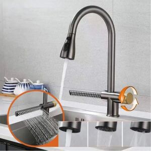 Küchenarmatur YB1500N mit ausziehbarer Brause und Wasserfallfunktion - WC-Sitze, Duschkabine, Wasserhahn, Duschtür, Badezimmerschrank, Wäschekörbe und Brausegarnitur