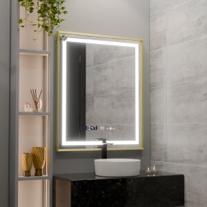 LED zrkadlo Verite Royale Gold MotionGlow Marcello v kúpeľni, obdĺžnikové osvetlené zrkadlo 75x90cm s funkciou proti zahmlievaniu, hodinami a zobrazením teploty - Zrkadlá