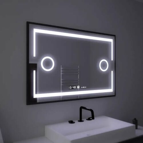 Marcello MotionGlow LED Badezimmerspiegel 120x80cm mit Antibeschlag, Uhr, Thermometer und Vergrößerungsspiegel