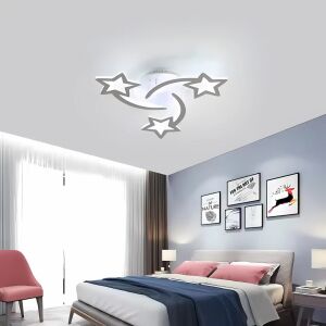 Lampa de tavan LED IPOMOEA în formă de stea, într-un dormitor. Lampă de tavan modernă, albă, cu telecomandă. - Lămpi și iluminat