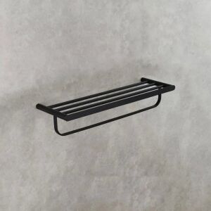Čierny držiak na uteráky s poličkou, nástenné úložisko do kúpeľne - Držiaky na uteráky