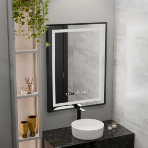 Lustro LED Verite Majeste Noir w łazience, prostokątne podświetlane lustro z zegarem i wyświetlaczem temperatury - Meble do holu wejściowego