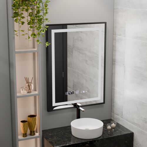 Verite Majeste Noir LED-Spiegel im Badezimmer, rechteckiger beleuchteter Spiegel mit Uhr- und Temperaturanzeige