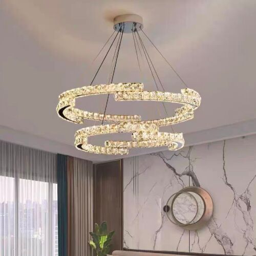 LED függeszték csillár távirányítóval és kristállyal MIA LATIFAH 70W, 2 kör alakú, hideg/meleg/semleges fény, szabályozható fényerő, fényes króm, állítható magasság 137654238