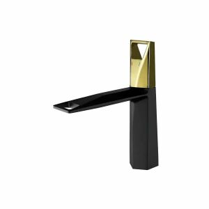 Schwarze und goldene Badezimmerarmatur isoliert auf Weiß - WC-Sitze, Duschkabine, Wasserhahn, Duschtür, Badezimmerschrank, Wäschekörbe und Brausegarnitur