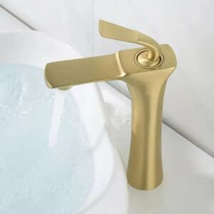 Moderne goldene Waschbeckenarmatur - WC-Sitze, Duschkabine, Wasserhahn, Duschtür, Badezimmerschrank, Wäschekörbe und Brausegarnitur