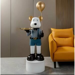 Lampă de podea LED de lux, multicoloră, din rășină, cu un ursuleț desen animat care ține o tavă și un balon, decor modern pentru casă - Lămpi de podea