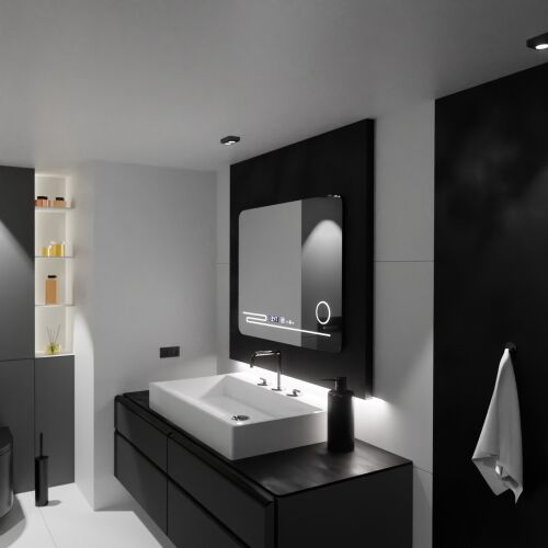 Harmonie MotionGlow Marcello LED tükör fürdőszobai környezetben, 80x60cm páramentesítővel, hőmérővel, órával és nagyítóval
