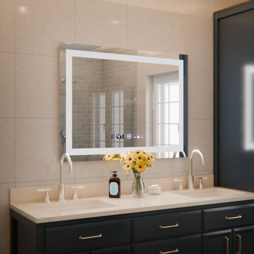 Правоъгълно LED огледало, 80x60 см, Verite MotionGlow Marcello, система против запотяване, часовник и термометър, димируемо