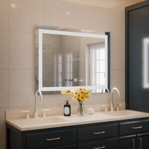 Prostokątne lustro LED, 80x60 cm, Verite MotionGlow Marcello, system przeciwmgielny, zegar i termometr, ściemnialne 137655879 - Meble do holu wejściowego