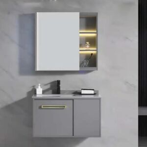 Graues 3-teiliges Badezimmermöbel-Set mit Waschbecken, Schrank und Spiegel - Badezimmermöbel