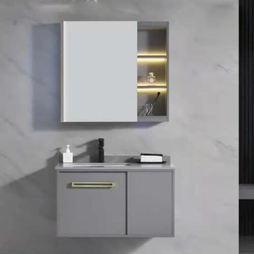 Graues 3-teiliges Badezimmermöbel-Set mit Waschbecken, Schrank und Spiegel