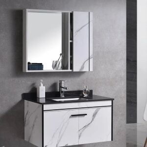 Комплект мебели за баня CORFU черно и бяло 80x48cm с мивка и шкаф с огледало - Обзавеждане за баня