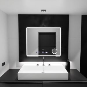 Oglindă LED Riflesso MotionGlow Marcello în baie, 90x75cm cu sistem anti-aburire, ceas, termometru și oglindă de mărire - Mobilier de living