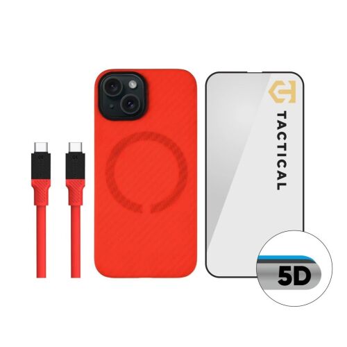 Tactical Limited Edition Combo iPhone 15-höz: Piros Aramid tok, USB-C kábel, 5D üveg képernyővédő - Tactical