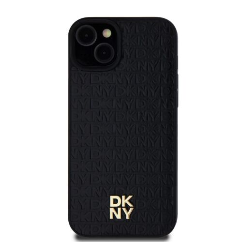 Elölnézet a DKNY Fekete iPhone 15 Plus tokról, egymásra rakott logó dizájnnal - DKNY