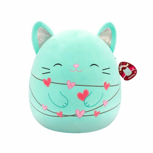 Squishmallows (Valentin nap) 40 cm - Charisma a mentaszínű macska csukott szemekkel és szivecskés égősorral
