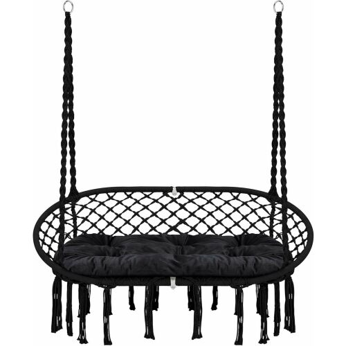 Pepita fekete kétszemélyes makramé függőszék párnával, izolált
