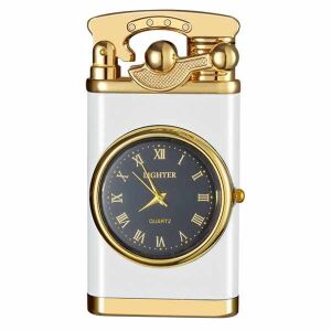 Bricheta Reincarcabila Mercaton, pe Gaz cu Flacara Alba Antivant si Ceas Reglabil Incorporat, 7.5 x 3.8 x 1.5 cm, Alb cu Auriu 137715772 - Brichete