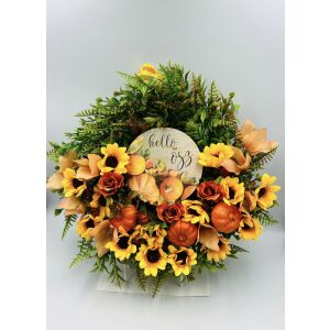 őszi ajtódísz napraforgókkal, tökkel és rózsákkal, 35 cm - Ajtódísz