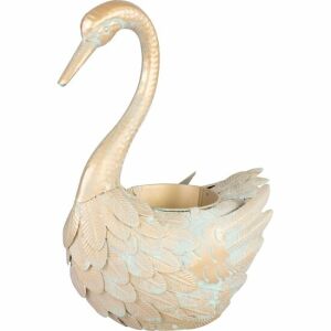 Kerti dekoráció, MagicHome, fém, liba, virágcseréppel, arany, 37x19x43 cm