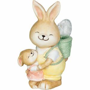 Kerti dekoráció, kerámia, napelemes, nyuszi csirkével és tojáskosárral, LED, 17.8x25.5x39 cm, MagicHome