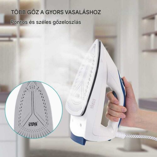 Naparovacia žehlička WINNING STAR ST-6128 v prevádzke, zobrazujúca žehliacu plochu a distribúciu pary