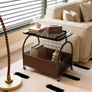 Herum brauner mobiler Couchtisch mit Glasplatte, Metallrahmen und Aufbewahrung - Couchtische