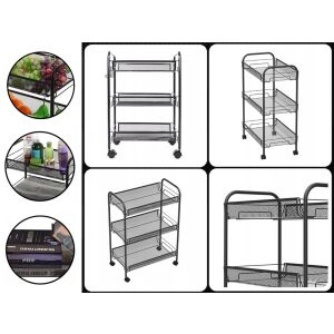 Kerekes fém polc kollázs, fekete fém guruló kocsi 3 polccal - Fürdőszobai polcos elem