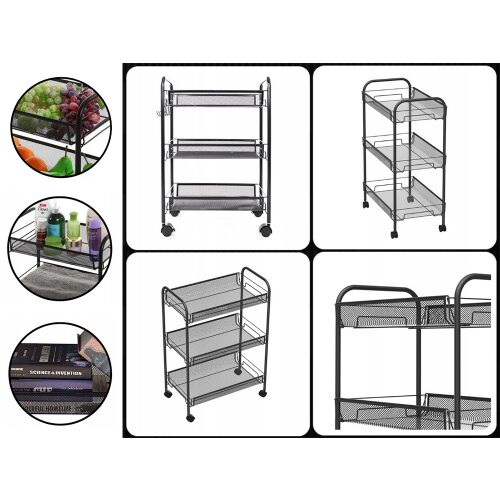 Kerekes fém polc kollázs, fekete fém guruló kocsi 3 polccal