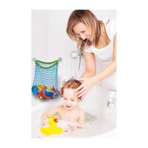 Dreambaby bath toy storage bag in use with baby and mother - Bath Toy