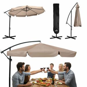 Plonos 3.5m beige cantilever parasol with cover and lifestyle image of people dining - Awning & Shade